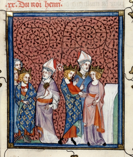 Detail of a miniature of Henry I (of France) sending a bishop, and his marriage to Anne.
